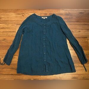 FLAX 100% Linen Long Sleeve Blouse Shirt top teal sz medium button up